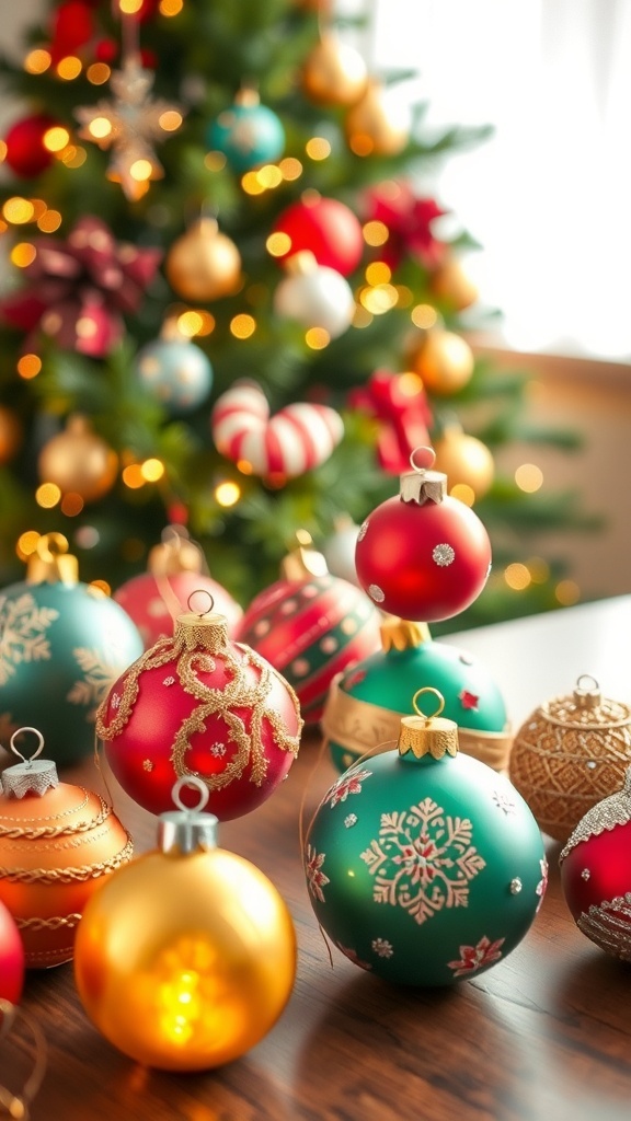 Colorful DIY Christmas ornaments on a wooden table with a decorated Christmas tree in the background.